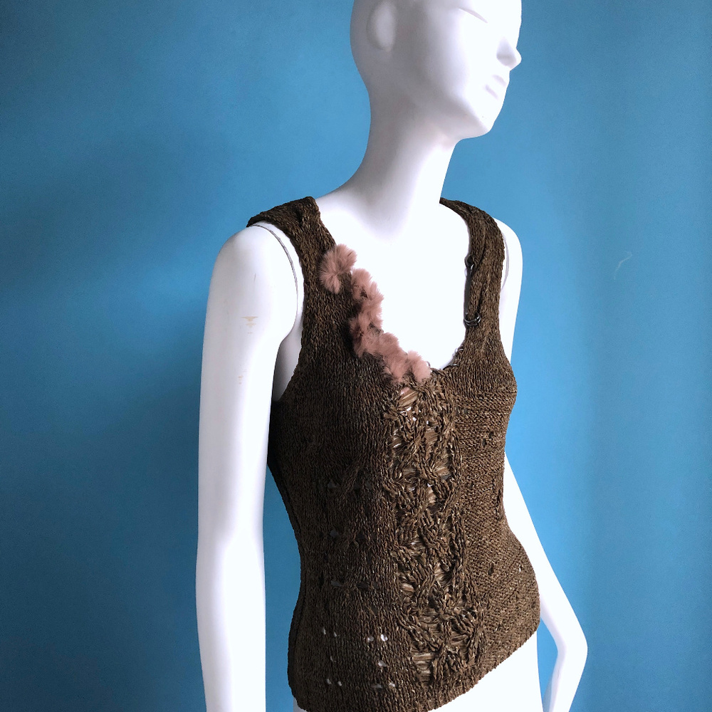 KENZO Jungle Crochet Knit Tank Rabbit Fur Trim M